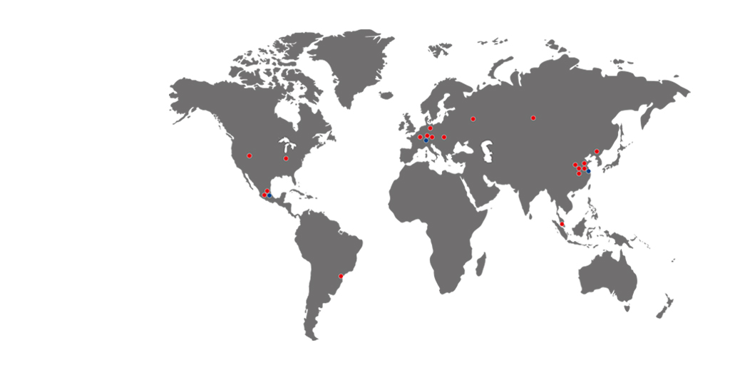 Weltkarte mit dem LCA-Hauptsitz in der Schweiz und den Service-Aussenstellen in Mexiko und China.