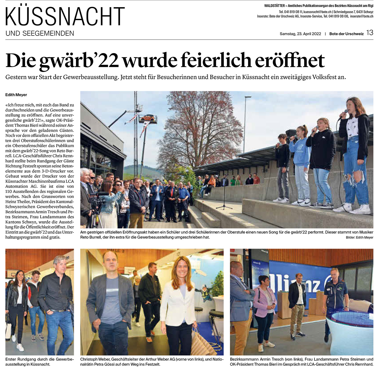 Neuigkeiten aus der Presse: Zeitungsartikel des Bote der Urschweiz über die Gwärb-Eröffnung.